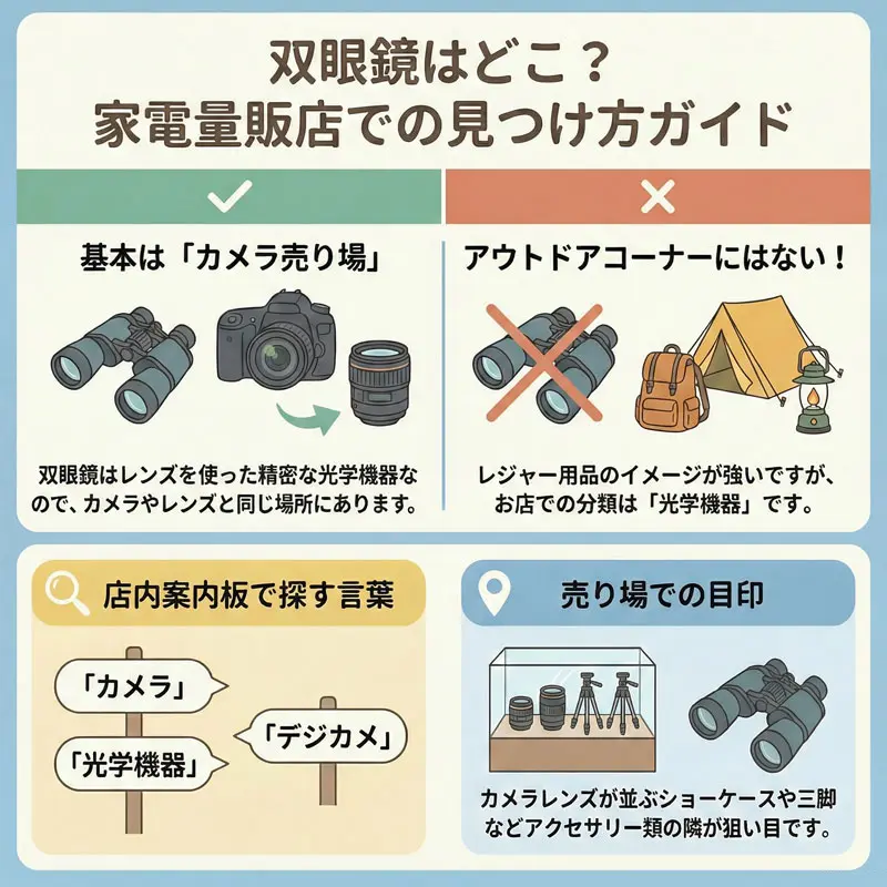 双眼鏡は電気屋の店内のどこ？基本はカメラコーナー