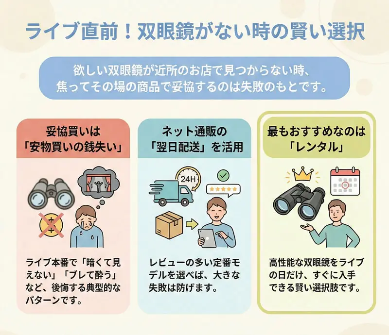 双眼鏡が近くの電気屋など売ってる場所がない時の対処法